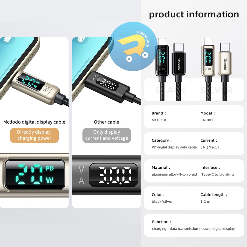 MCDODO Charger For Iphone Digital Display Pro Fast Charging 3A - Usb C to IP - Power Delivery Fast Charging – Kabel for Iphone - Kabel Data for Iphone - Kabel Charger for Iphone ORIGINAL