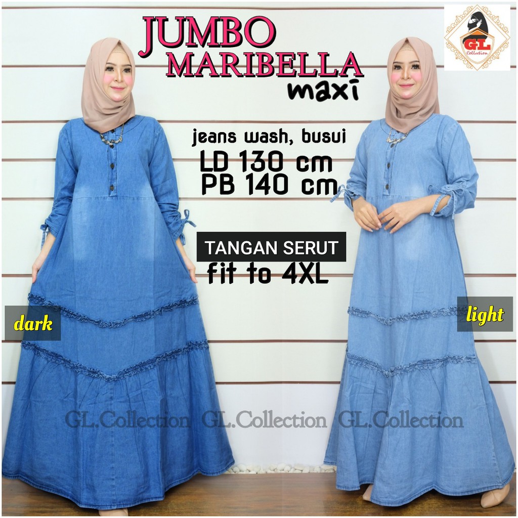 Gamis Maxi Super Jumbo Size XXXL matt Jeans Wash HQ LD130 Tangan Serut Kancing Dada Aktif Rempel Baw