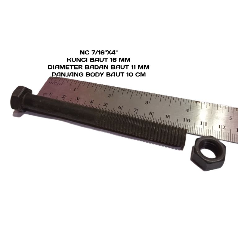 Baut KUNCI 16 BAUT MUR BESI Hitam PANJANG 10 CM NC 7/16 x 4