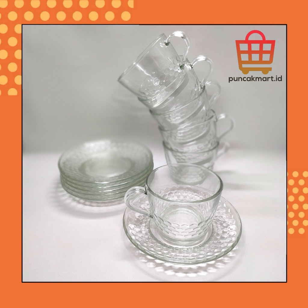 Cangkir Kaca Set 12 Pcs / Gelas Cangkir Teh Kopi Set 12 Pcs (6pcs Gelas+6pcs Piring Tatakan) Motif E