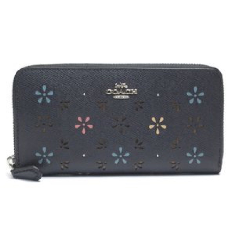 Coach Long Accordion Wallet Women Leather Floral Perforated Midnight (F31146)