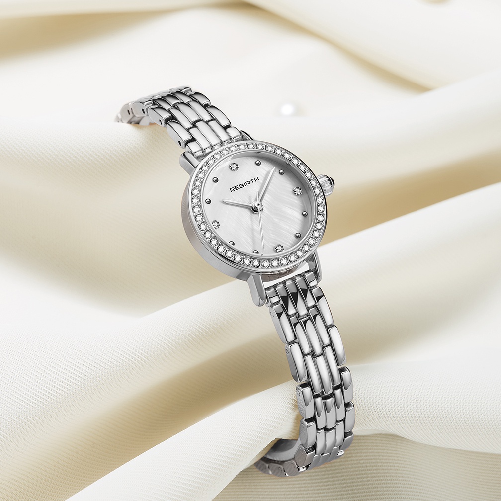 REBRTH Jam Tangan Wanita Mode Anggun Ibu Mutiara Dial Tali Stainless Steel Tahan Air Display Kuarsa Jam Tangan Cewek