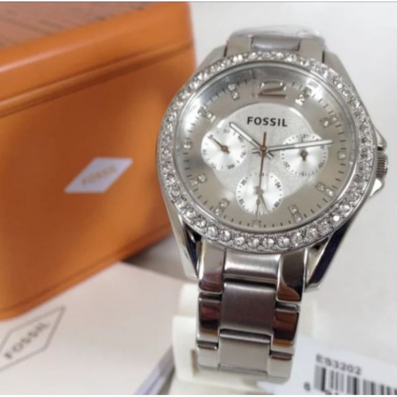 Jam Tangan Fossil ES 3202 ES3202 Silver Diamond 38mm Original Fullset