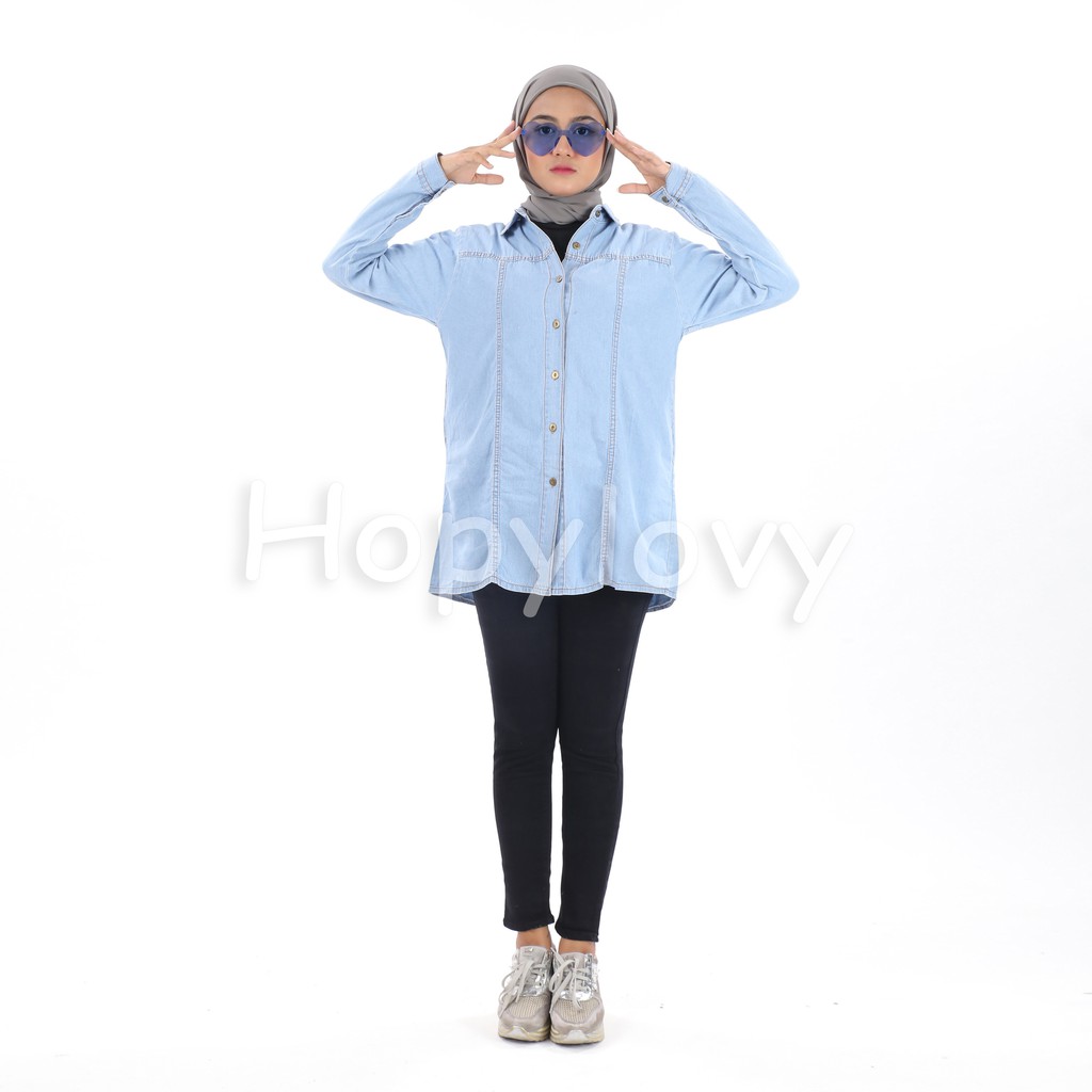 HOPYLOVY - Tunik Lengan Panjang Wanita Bahan Jeans Azkia