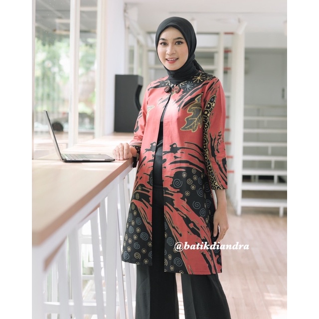 Batik Gamis Atasan Wanita Kekinian Hijab Panjang Modern Couple by Naura Outer Merah