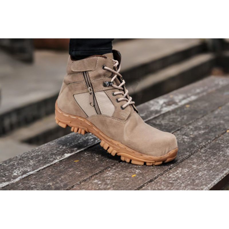 SEPATU SAFETY BOOTS PRIA 100% KULIT ASLI BIKERS TOURING BOOT CORDURA CREAM