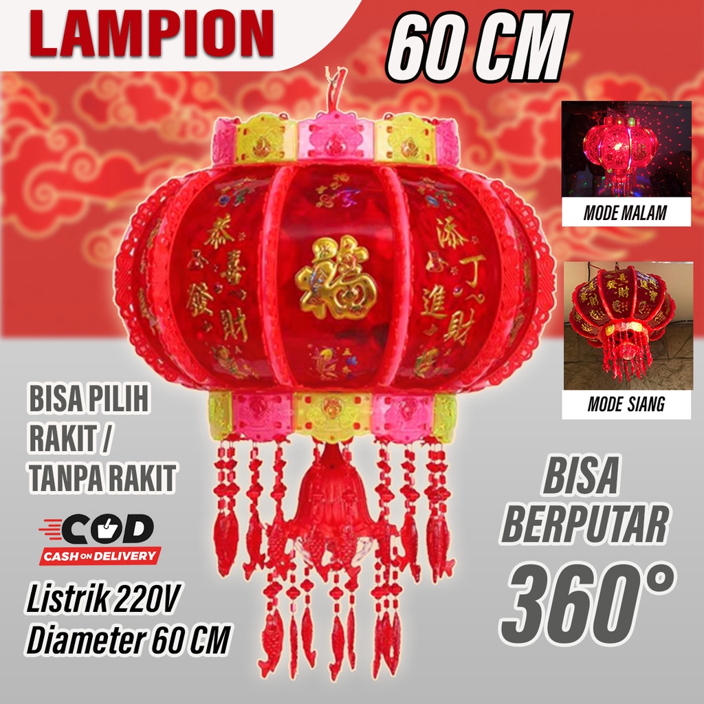 Lampion Lampu Imlek Merah Besar 60cm Listrik LED Bisa Putar 360 Derajat