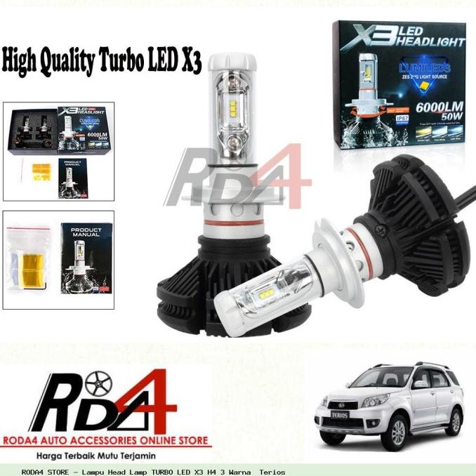 Lampu Head Lamp TURBO LED X3 H4 3 Warna Terios rod4 Murah