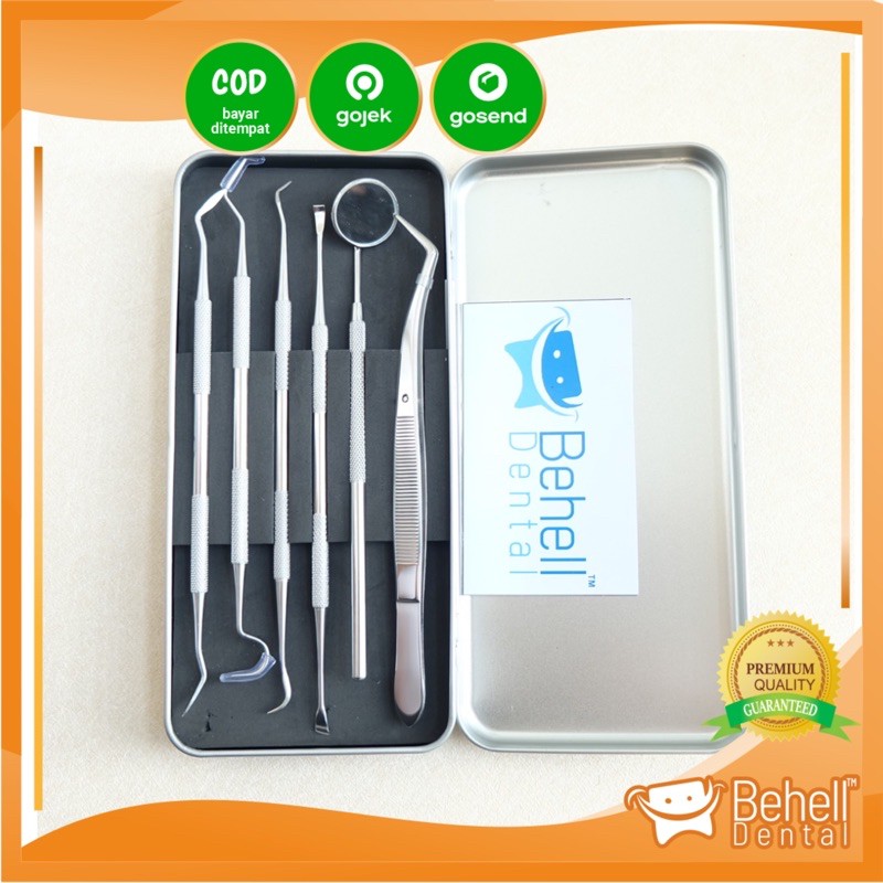 Set Isi 6 Alat Penghilang Plak Karang Tartar Gigi Behelldental / Alat standart dental diagnostic diagnostik kit set pembersih karang gigi isi 3 standar kaca mulut pinset tweezer sonde halfmoon stainless dokter gigi / Dental Oral Care Isi 3 / 4 / 5 / 6