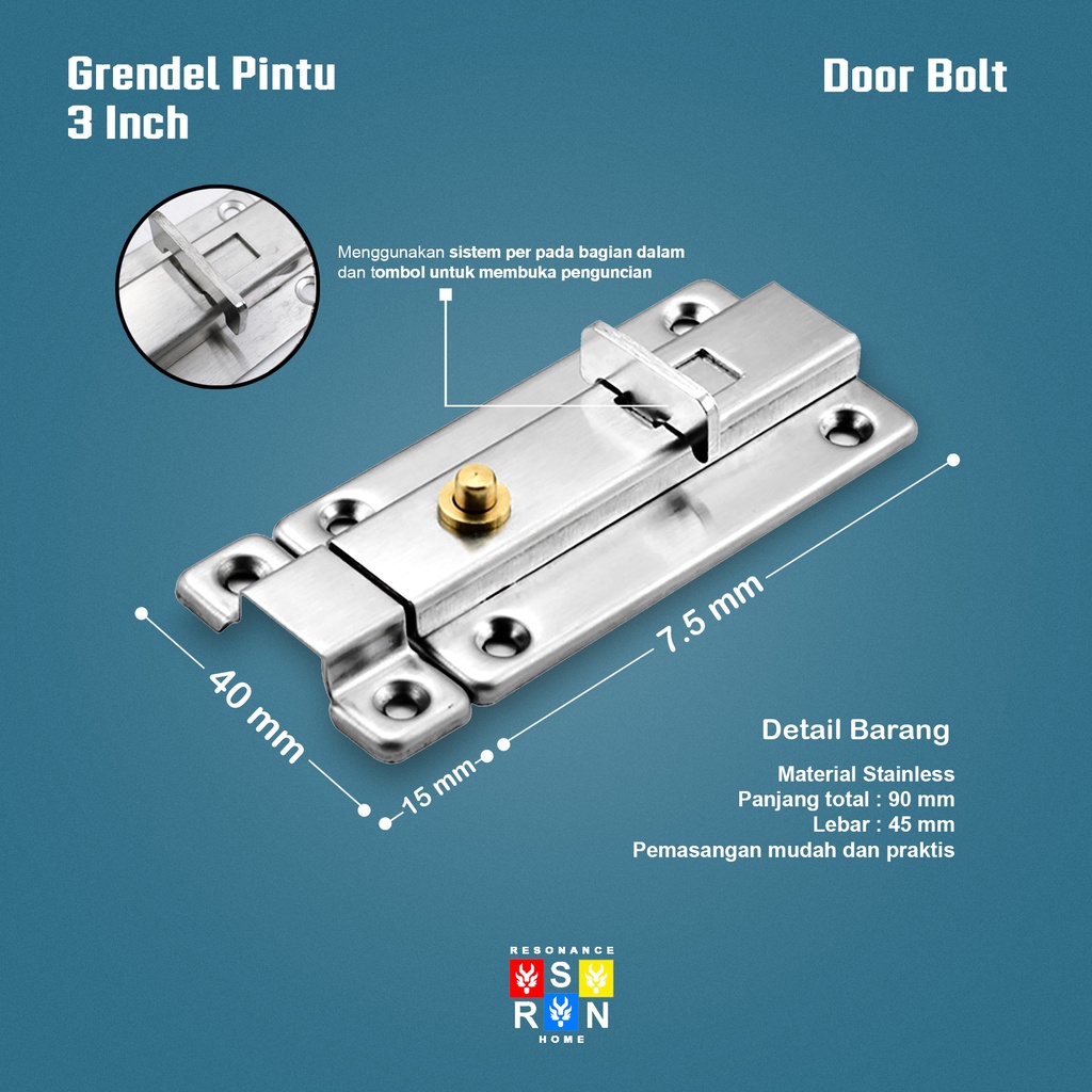 Slot Pintu Pencet Otomatis 3 Inci Stainless l Grendel Slot Kunci Pintu Tekan Resonance Home