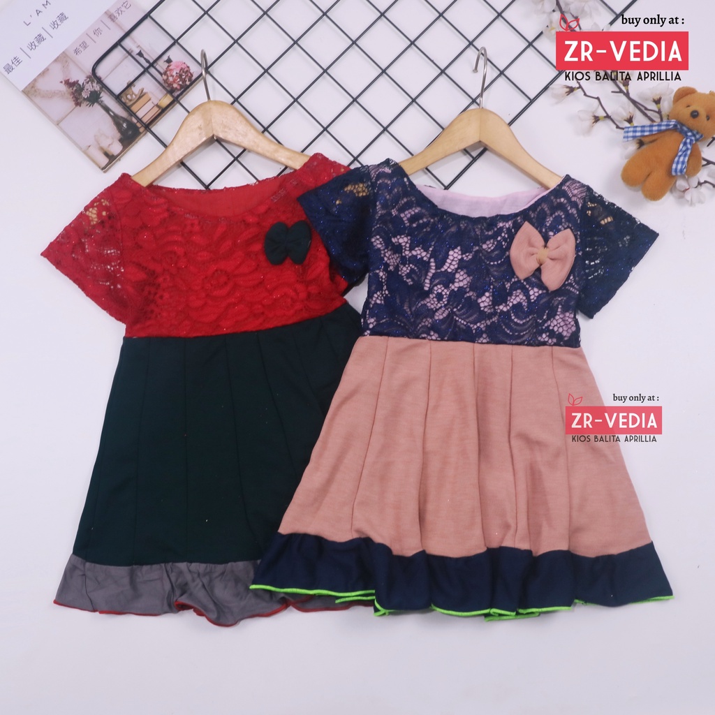 Dress Yuki uk 1-4 Tahun / Dres Lengan Anak Perempuan Baju Gaun Pesta Import Brukat Adem Murah