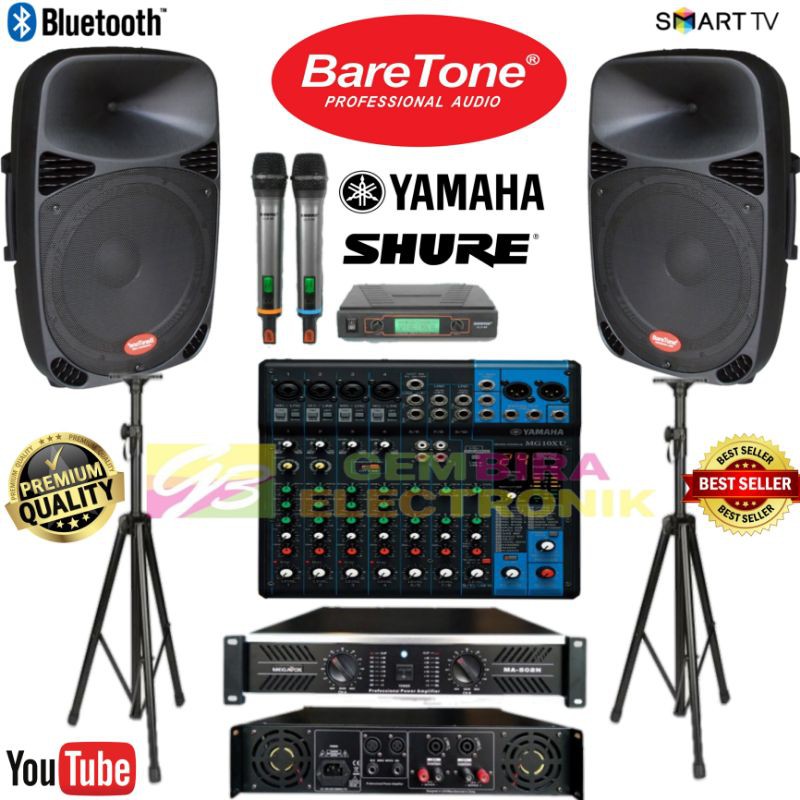 Paket Sound System Mixer 10 channel Speaker Aktif baretone 15 inch with power MEGAVOX Original Sound