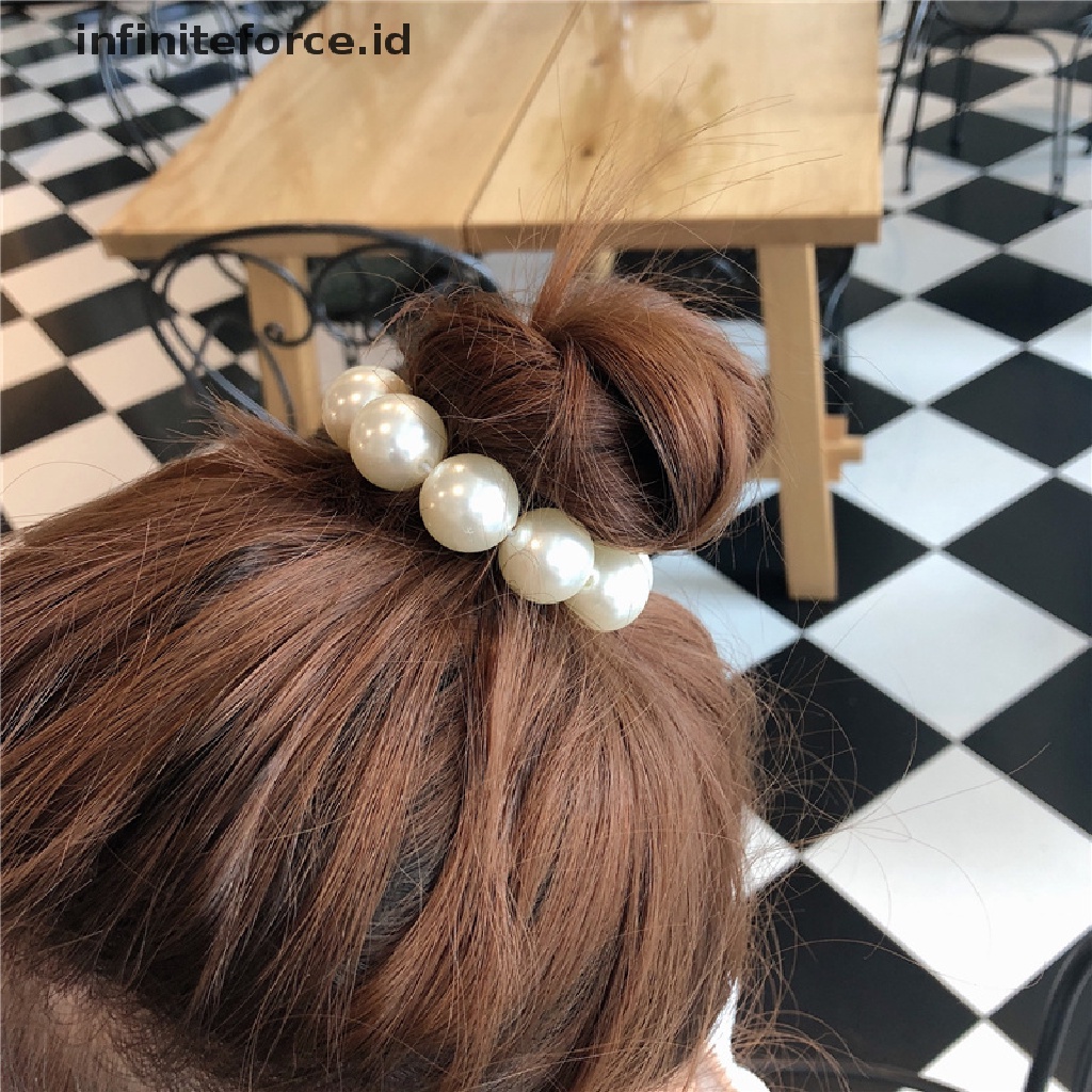 Karet Rambut Ponytail Elastis Aksen Mutiara Besar Ala Korea Untuk Wanita