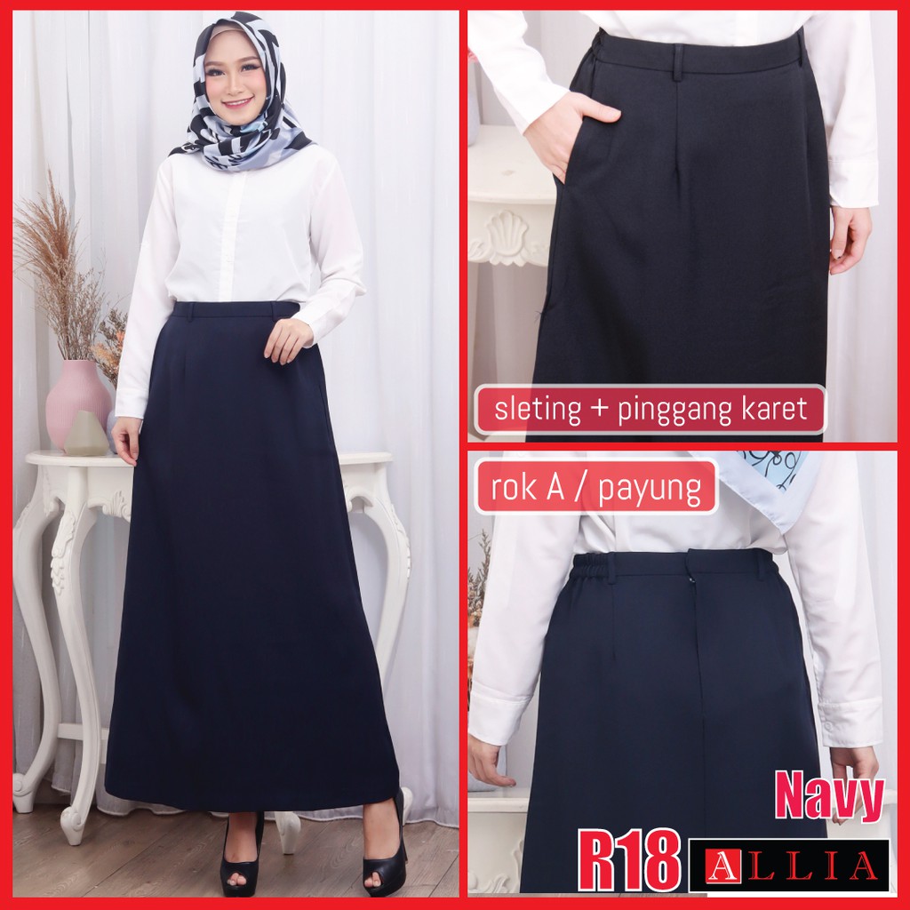 Rok Kerja Panjang / ALLIA R18 NAVY M - 7L / Rok Kerja Wanita Jumbo Pinggang