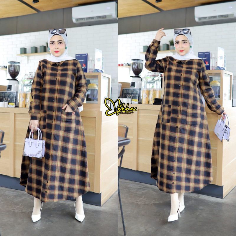 Midi dress Kotak Mykha exclusive Matt Flanel full kancing