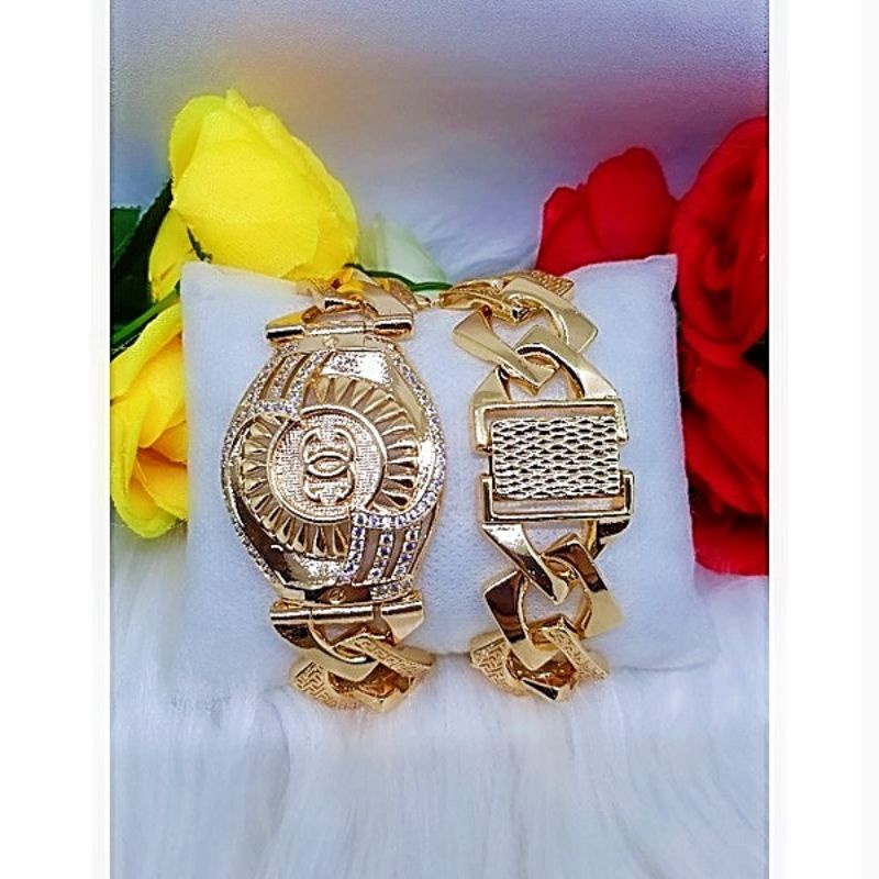 Gelang Xuping Lapis Emas 24K Model Rantai Plat Permata Swaroski .