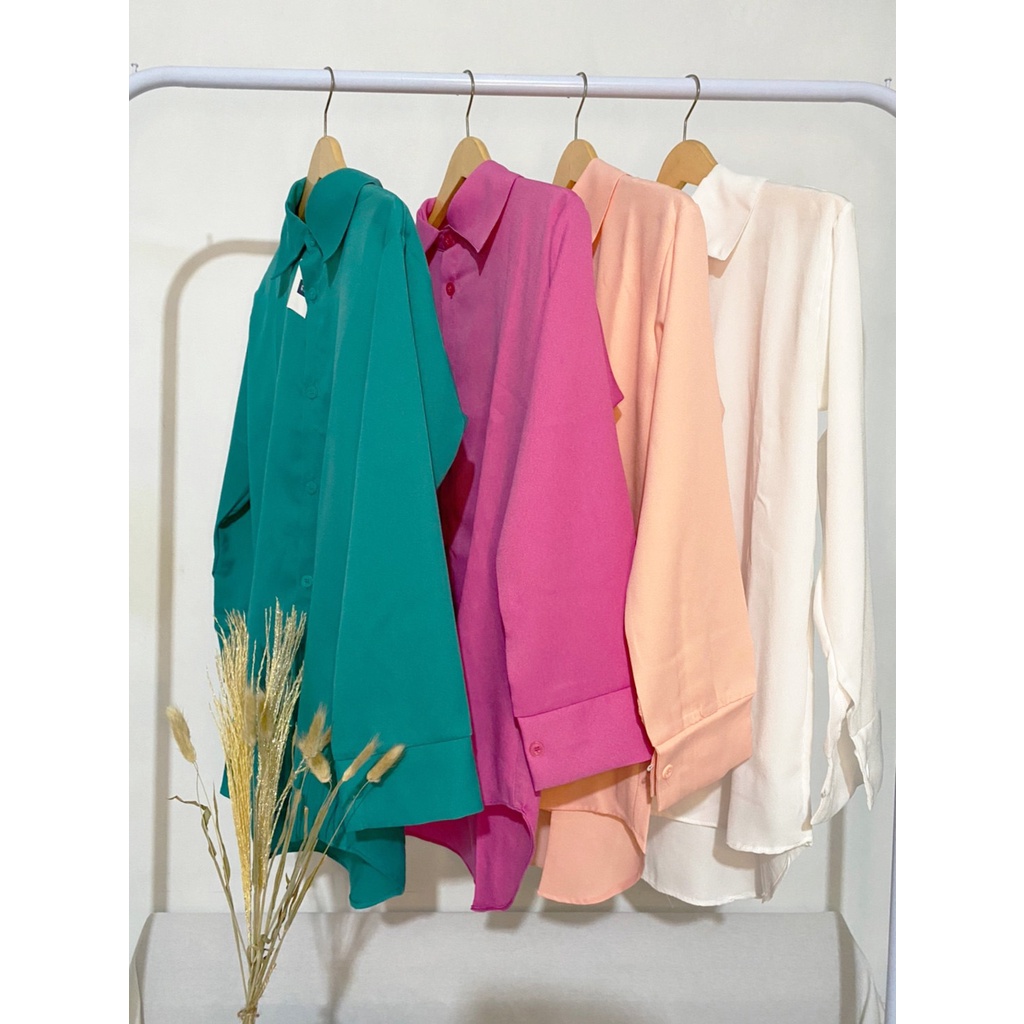 Kemeja Fairy Tale Wanita Atasan Kasual Basic Polos Lengan Panjang Trendy - Blouse Casual Wanita Warna Cerah - Kemeja Pink Fanta