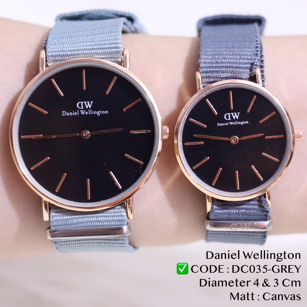 Jam tangan couple wanita pria tali KANVAS model 2 jarum grosir ecer free baterai cadangan DC035