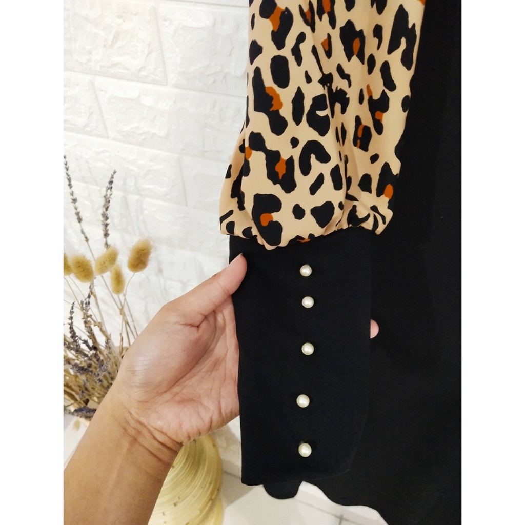 GAMIS LEOPARD MACAN LENGAN KERUT MUTIARA CANTIK GL FASHION