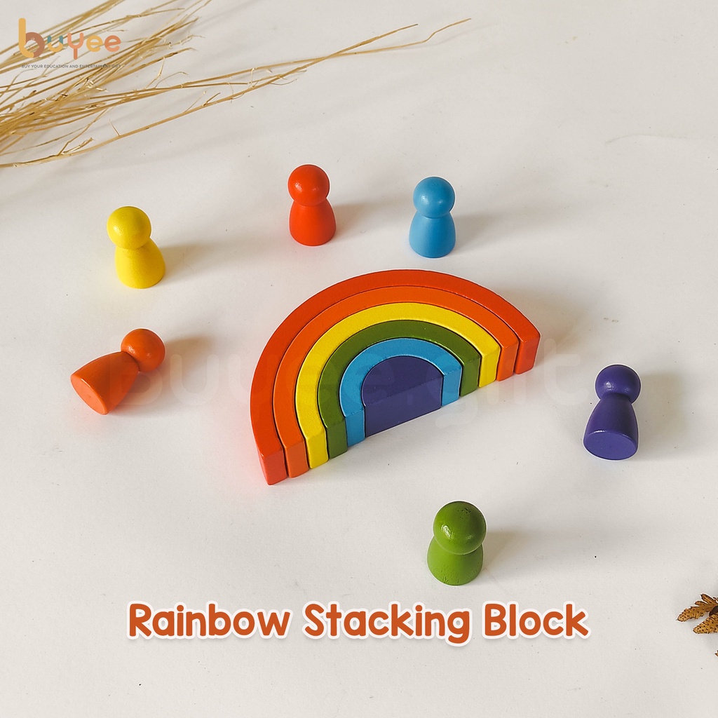 Wooden Rainbow Stacking Block | Pelangi Balok Susun Mainan Kayu Montessori