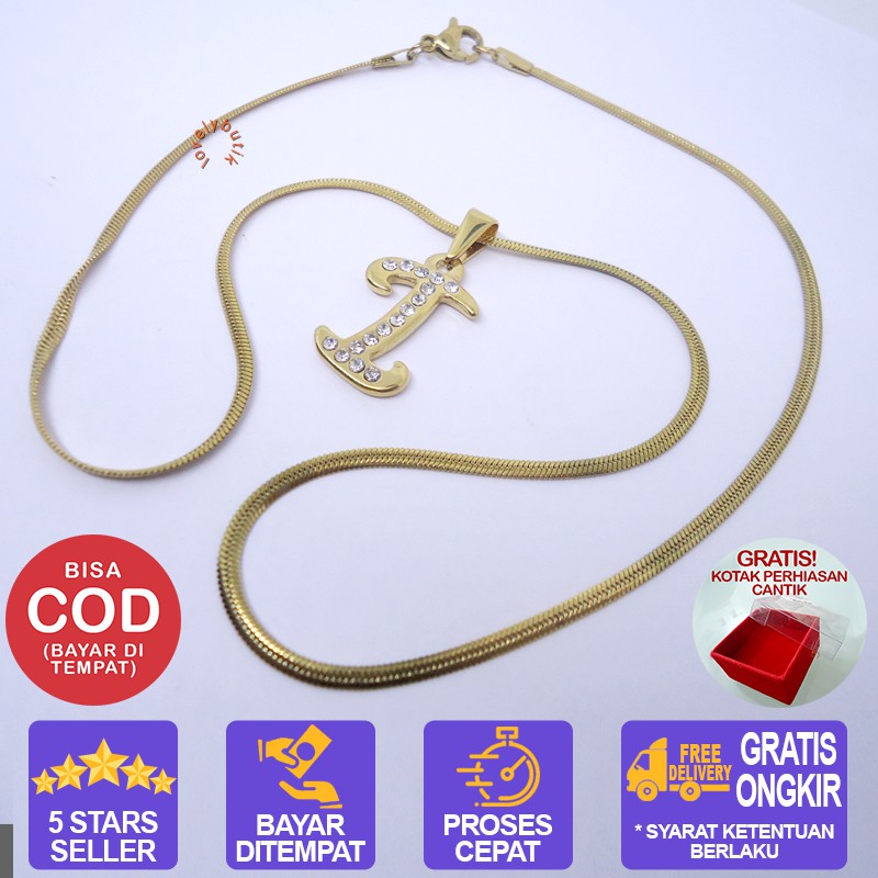 Lovelybutik Honey Kalung Huruf Titanium Anti Karat Inisial I Uk 45 cm BONUS KOTAK PERHIASAN