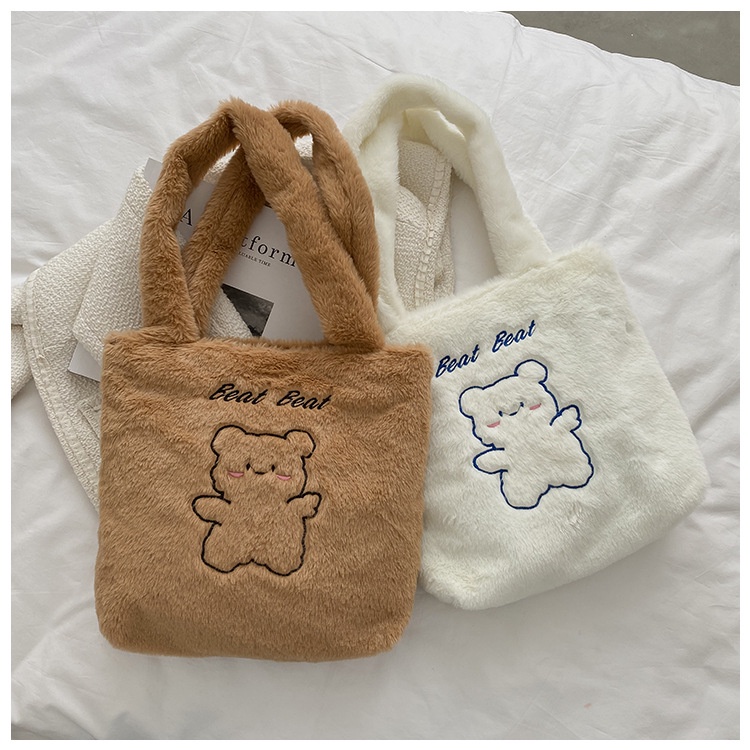 Drozenb Tas Tote Wanita Bahan Bulu Model Korea/Totebag Fashion Korea Bahan Bulu Motif Beruang/Tas Bulu Korea Motif Beruang/Tas Tote Korea/Totebag Casual Wanita