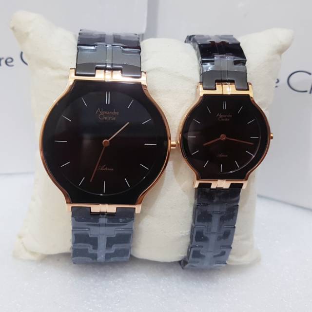 ALEXANDRE CHRISTIE AC 8603 BLACK ROSEGOLD JAM TANGAN COUPLE ORIGINAL
