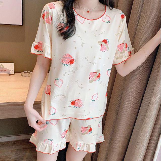 Baju tidur Wanita Import Bahan Kaos Spandex Tebal Aneka Motif All Size L Short Pants-Cincin stroberi