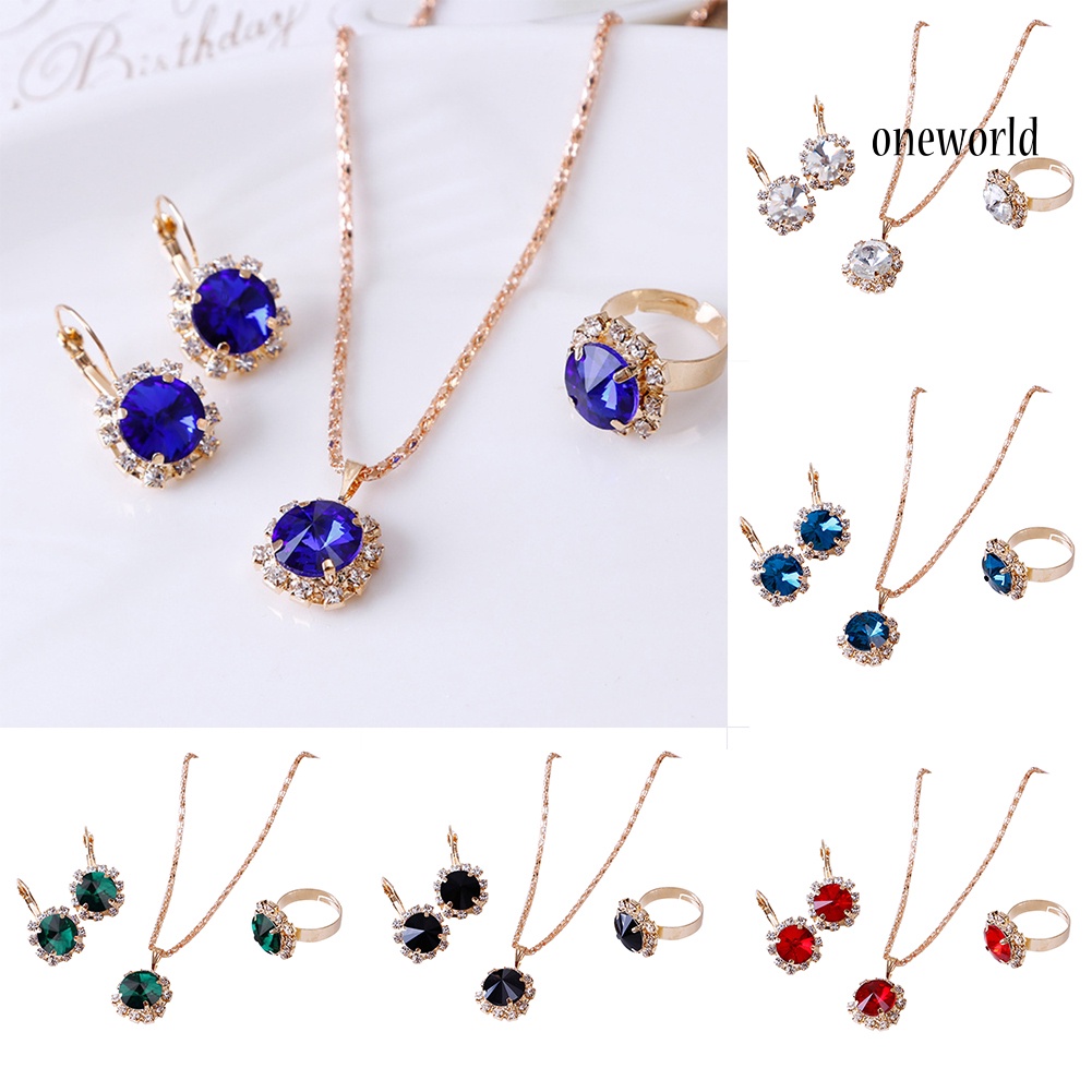 OW@ Fashion Women Circle Rhinestone Necklace Earrings Ring Pendants Jewelry Set