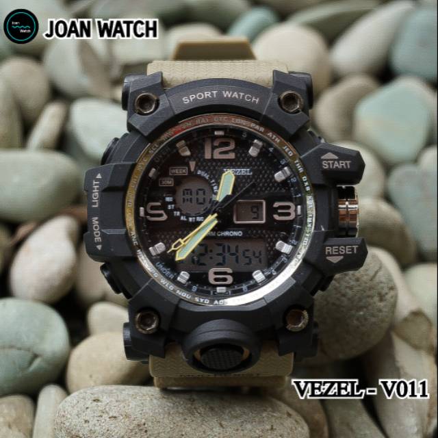 VEZEL -V011- JAM TANGAN DIGITAL ANALOG - RESIN BLACK/BROWN ARMY