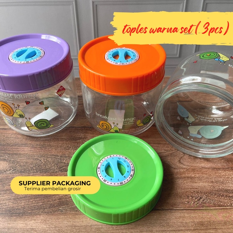 Toples kaca Set 3pcs warna dapur kemasan pudding bumbu ungu hijau orange purple gambar anak