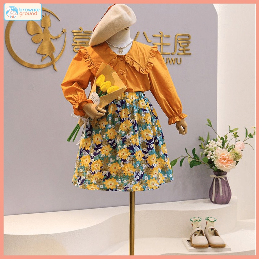 BROWNIEGROUND- Setelan dress anak perempuan usia 2-7 Tahun Flower oren lucu Korean style B05