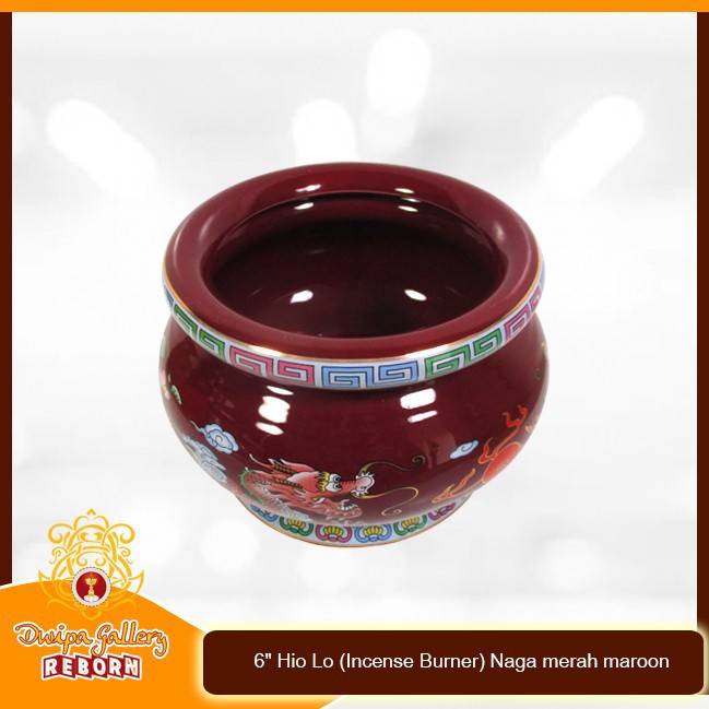 Tempat dupa Keramik 6&quot; Hio Lo (Incense Burner) Naga merah maroon