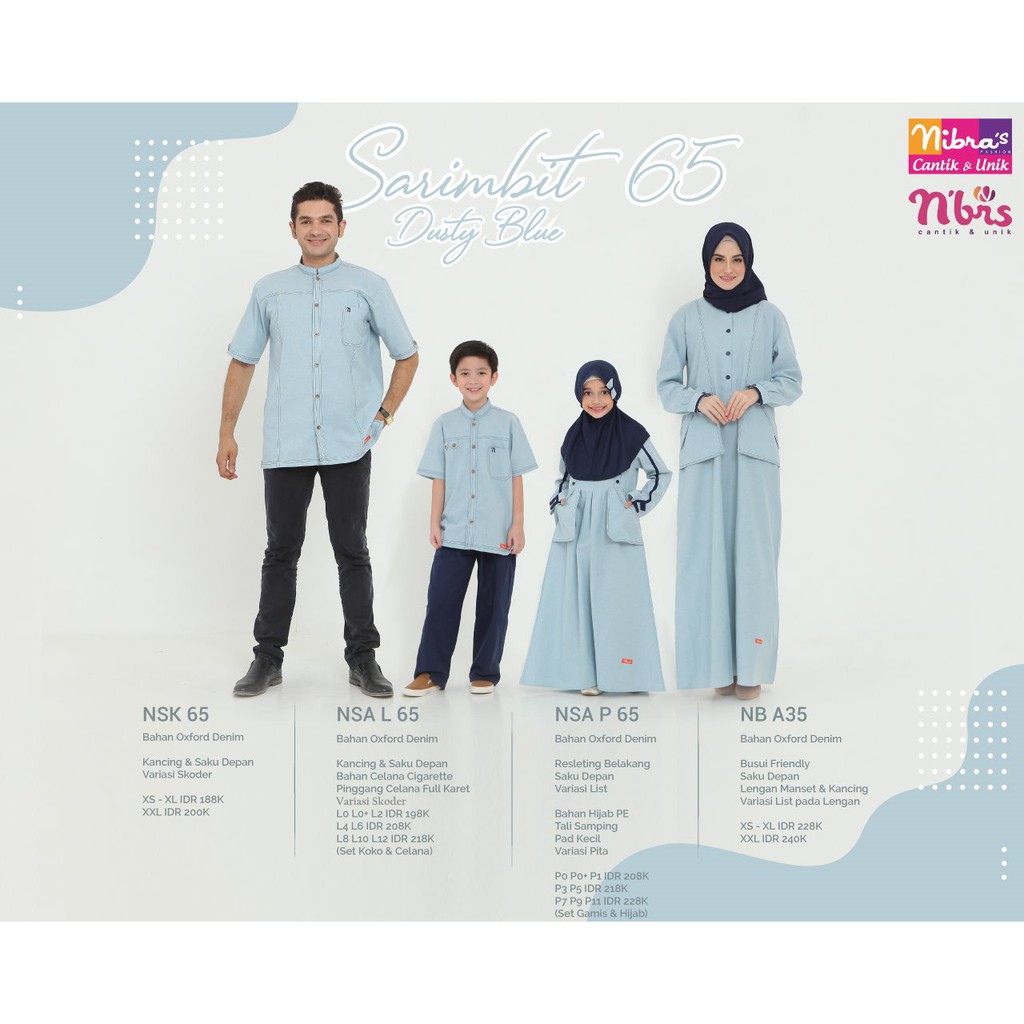 NIBRAS SARIMBIT 65 DUSTY BLUE SERAGAM BAJU COUPLE KELUARGA MUSLIM LEBARAN 2020 NBRS TERBARU BISA COD