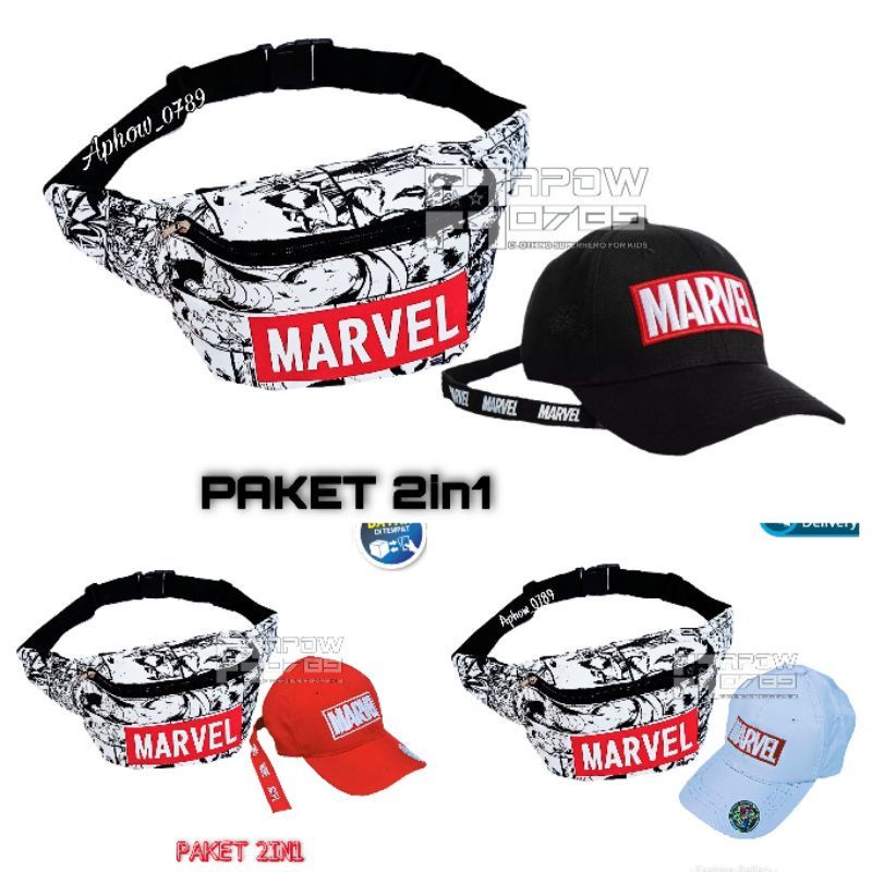 2in1 tas waist bag anak marvel + topi marvel kanvas premium