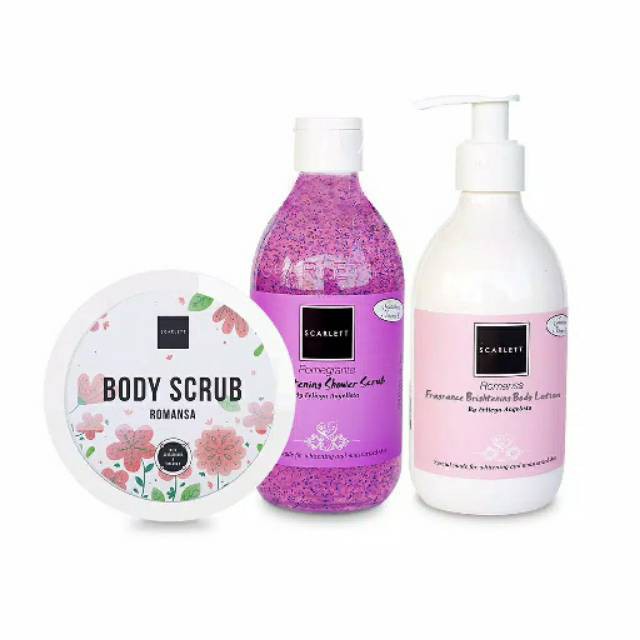 Paket Scarlett Whitening 3 in 1 Original BPOM  Sabun Pomegrante Bodyloteon Romansa Lulur Romansa ORI
