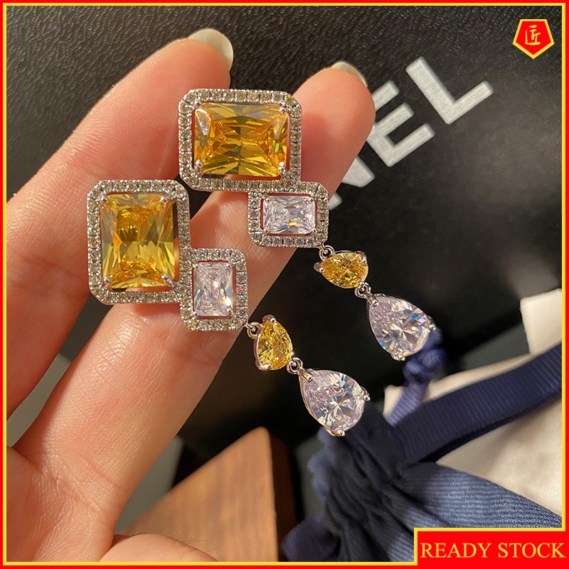 [Ready Stock]S925 Silver Vintage Square Yellow Gemstone Elegant Earrings