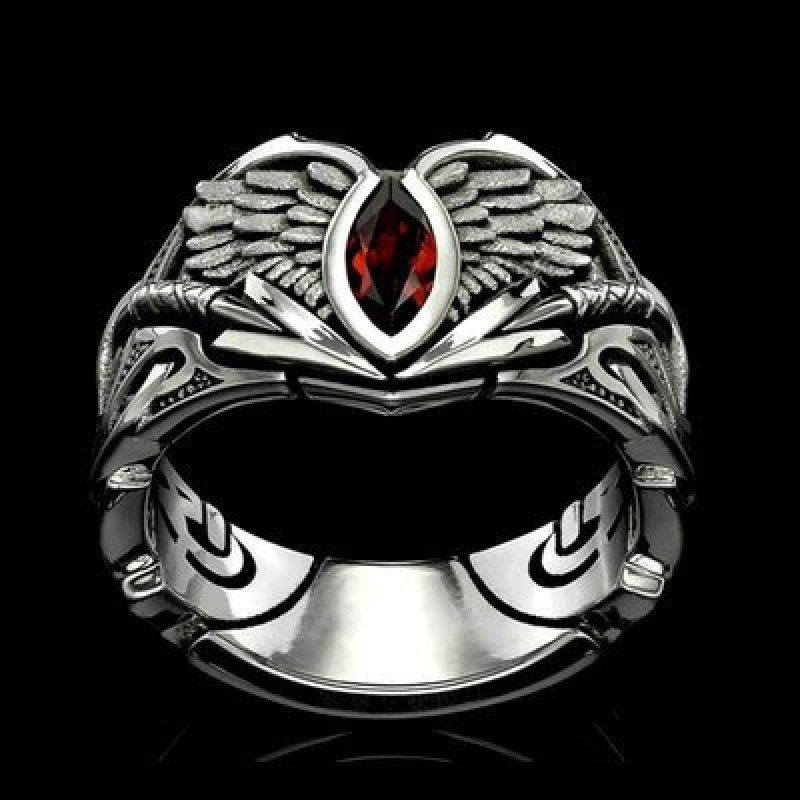 Cincin Desain Sayap Malaikat Ruby Bahan Alloy Gaya Vintage Untuk Pria