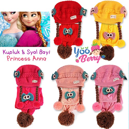 YooBerry Paket Topi Kupluk &amp; Syal Rajut Bayi Princess Anna Premium Berry Mart