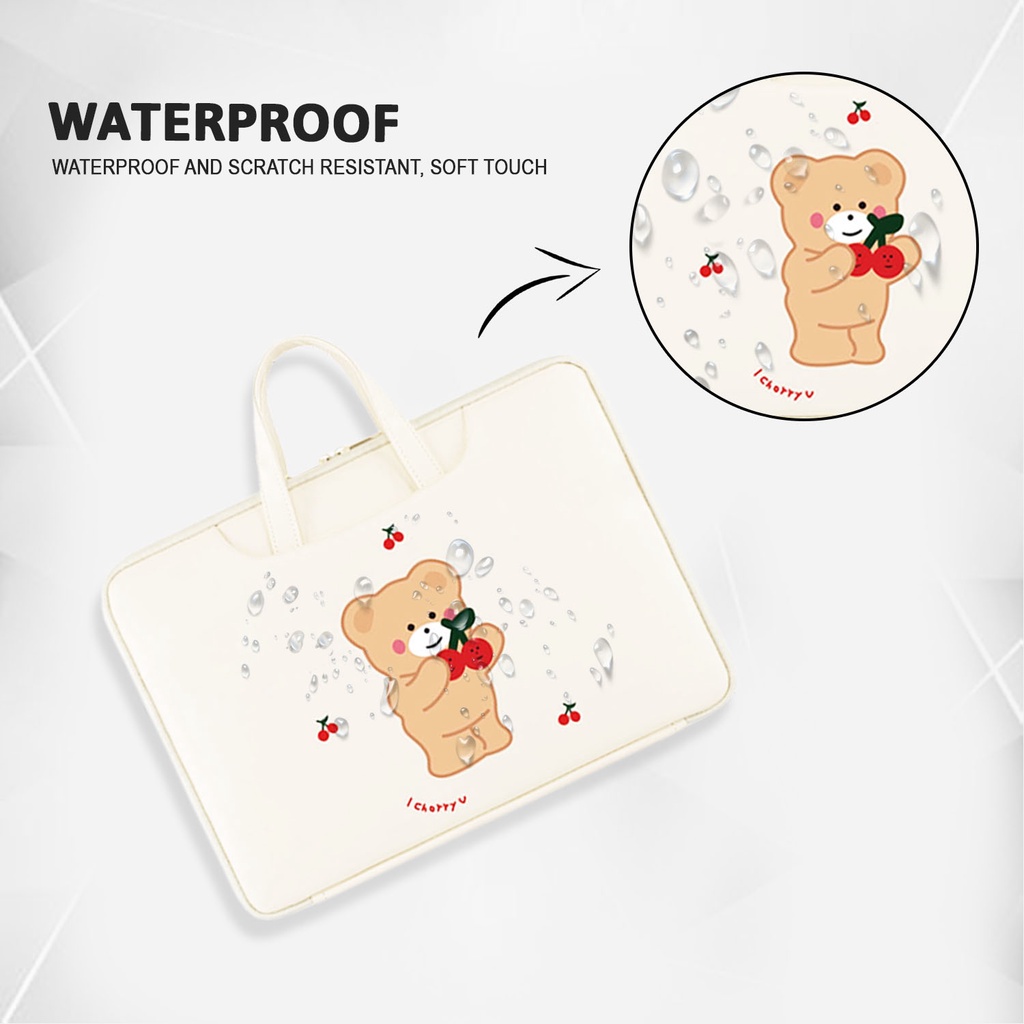 Sleeve Pouch Sarung Tas Bag Case Ipad Tab Tablet Macbook Air Pro Laptop Asus Acer Lenovo HP Huawei 11 12 13 14 15 inch Motif Gambar Cherry Bear Beruang Warna Putih Lucu Cute Murah Korean Model Jinjing Tali Strap