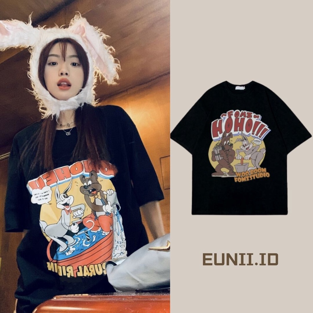 EUNII T-shirt Lengan Pendek Kartun Satwa Pencetakan Longgar Korean Style/Kaos Atasan Wanita/Baju Kaus Oversize Wanita