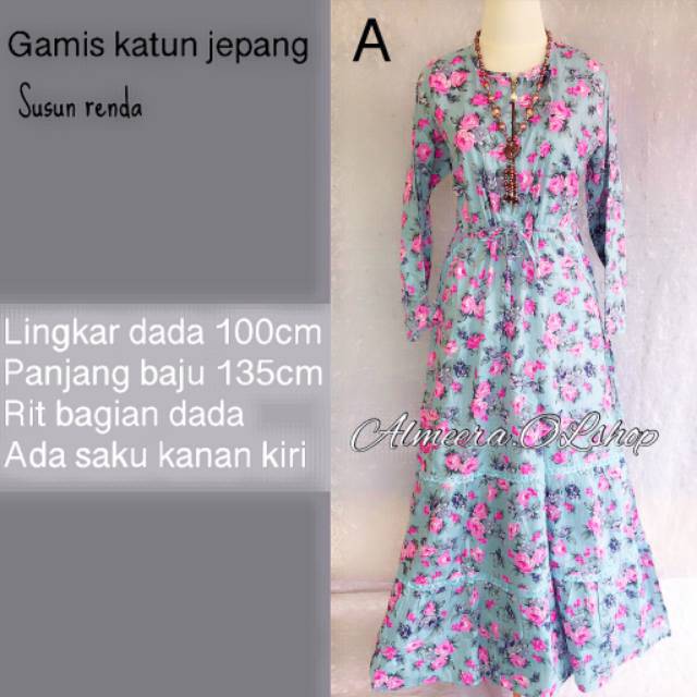 Gamis katun jepang susun renda motif bunga