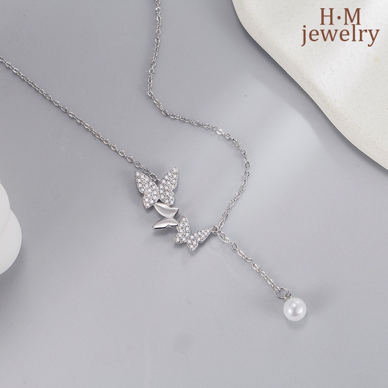 2022 Kalung Rantai Dengan Liontin Kupu-Kupu + Mutiara + Berlian Imitasi Untuk Wanita