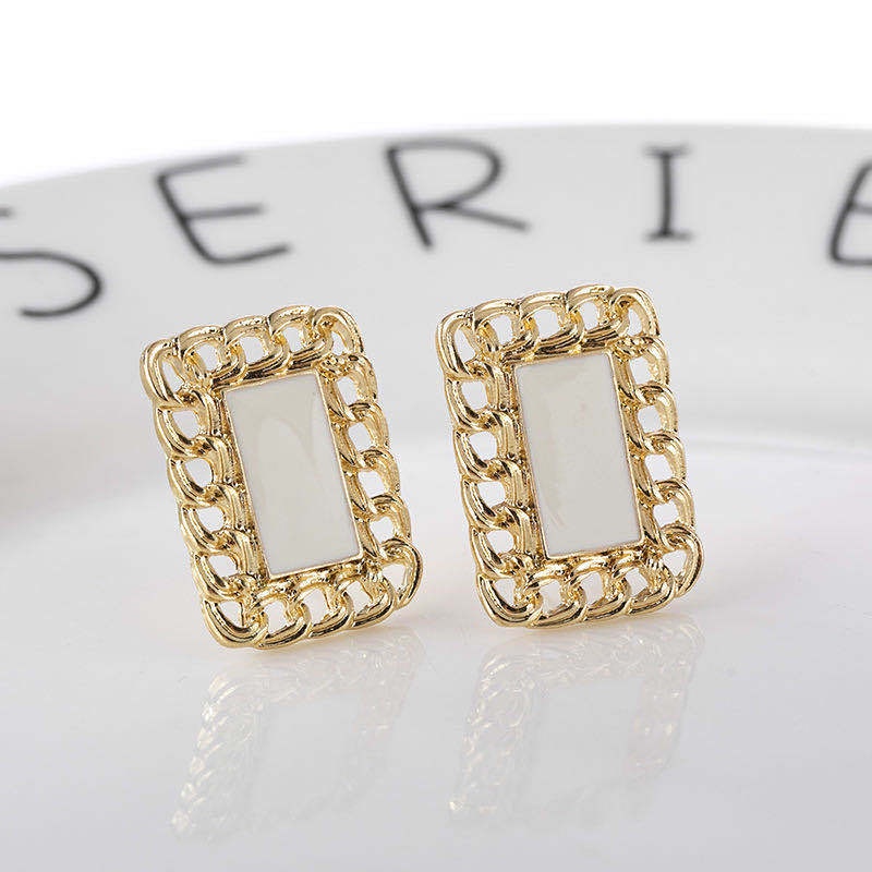 Anting Sterling Silver Needle Enamel Bentuk Persegi Geometris Bahan Logam Untuk Wanita