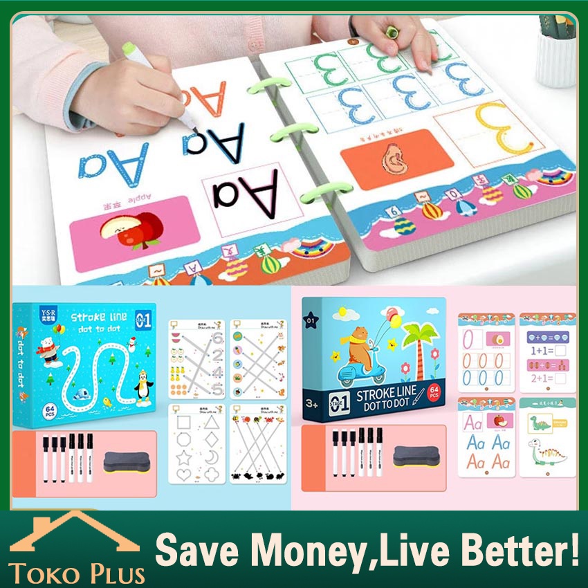 [64 Pages] Reusable MAGIC WORKBOOK Dot To Dot Wipe And Clean book activity Belajar Menulis Angka Gar