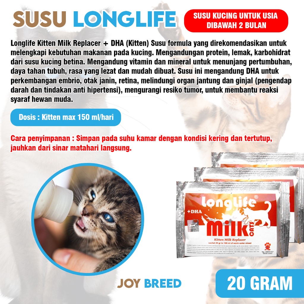 SUSU ANAK KUCING KITTEN LONG LIFE KEMASAN 20 GRAM KITTEN MILK REPLACER | JOY BREED OFFICIAL