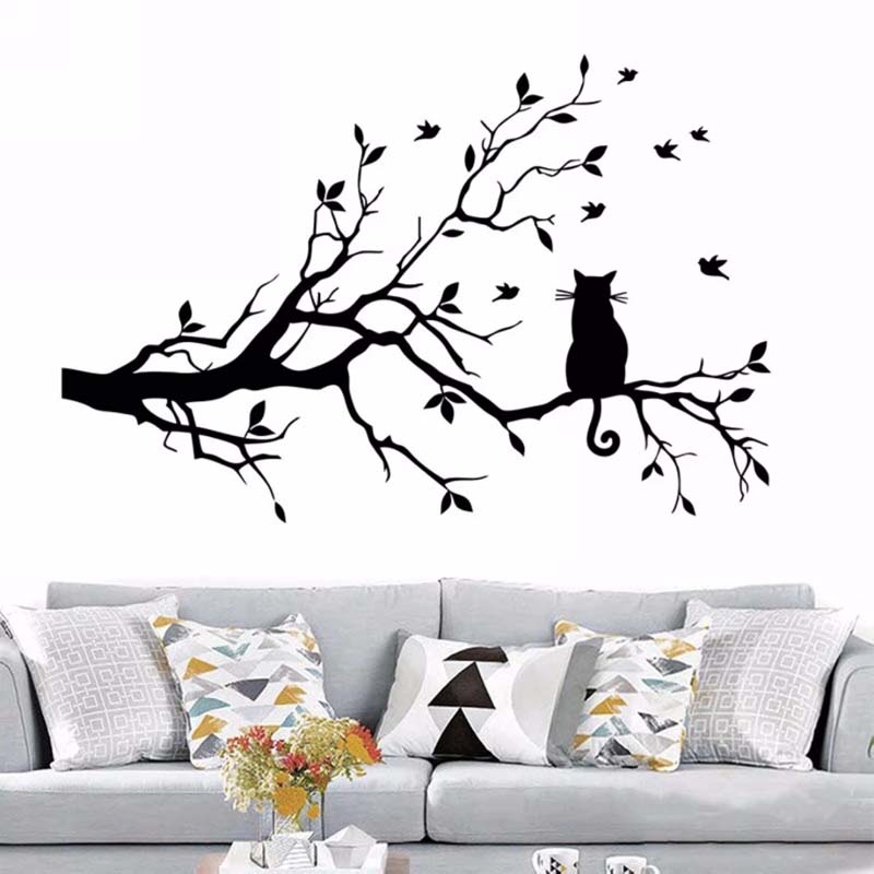 Stiker Dinding Decal Desain Cat on Branch Serba Guna, Dapat Dicopot, 58x38cm