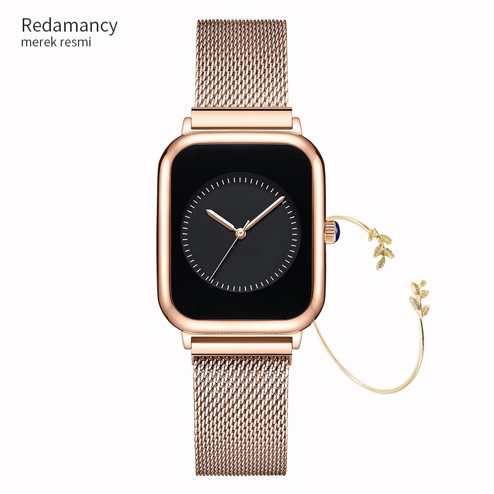 Redamancy Jam Tangan Wanita Original Mode Bisnis Display Kuarsa Jam Wanita Tali Jala Tahan Air Jam Tangan Cewek Jam RoseBlack-sabuk baja-2