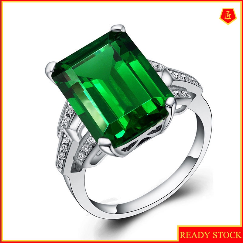 [Ready Stock]Square Emerald Ring 925 Silver Fashion Elegant and Personalized