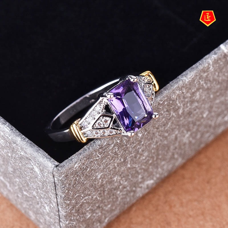 [Ready Stock]Inlaid Topaz Purple Square Diamond Ring 14K Gold Color Separation